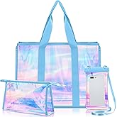 Yoojahow 3 Pcs Waterproof Beach Bags Women Clear Iridescent Tote Bag Cosmetic Pouch for Phone Travel Beach Pool Essentials