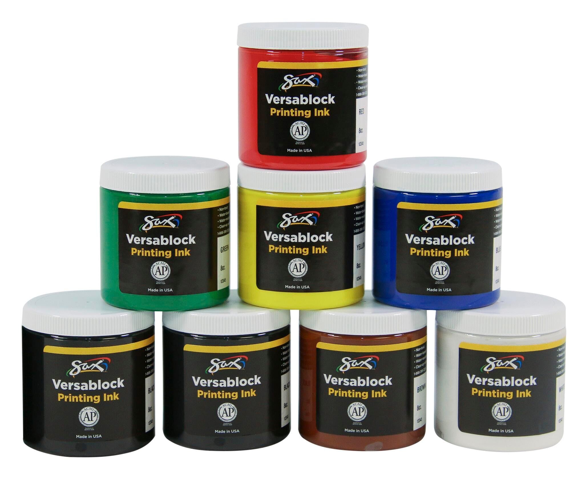 Sax Versablock Block Printing Inks for School and Arts and Crafts Use, Assorted Colors, 8 Ounce Jars, Set of 8