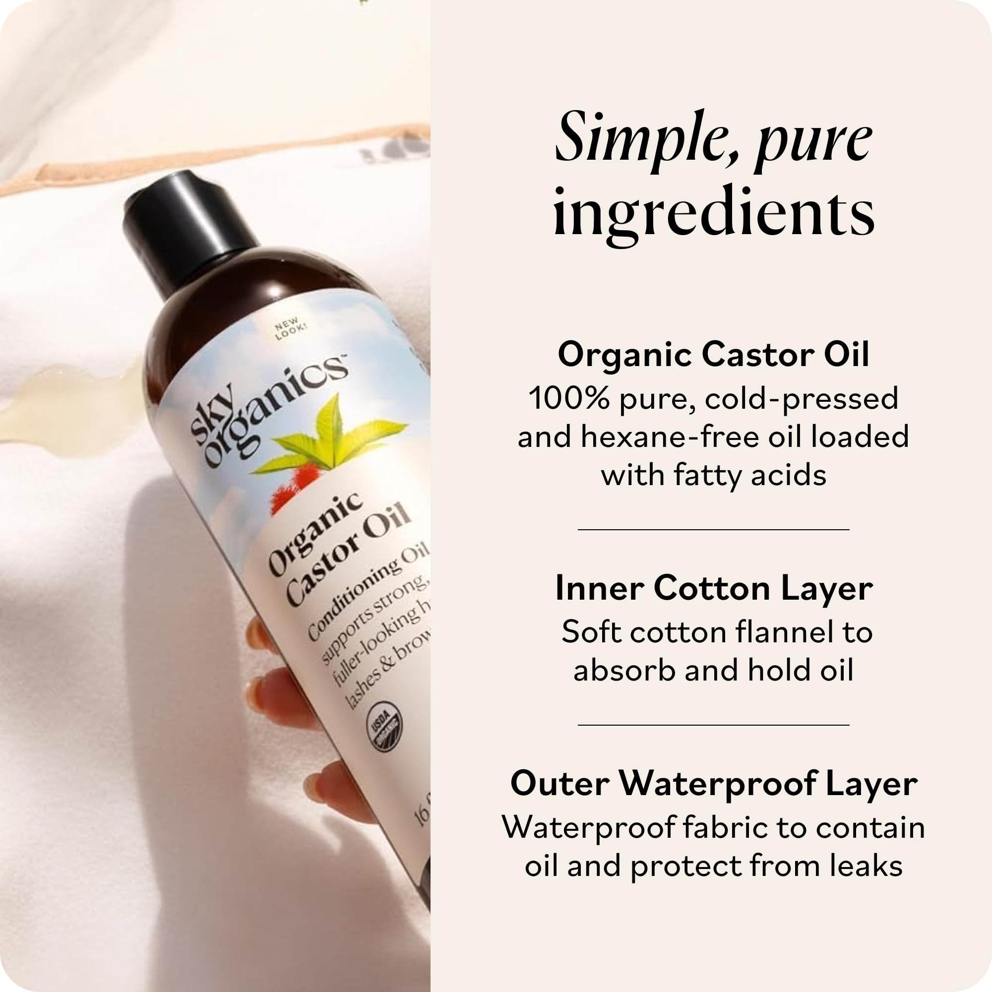 Sky Organics Castor Oil - USDA Certified Organic Hair Oil for Hair Growth, Skin, Face, Eyelashes - Cold Pressed & Hexane Free - Pure Organic Castor Oil Pack Wrap - Carrier & Hair Treatment Oil -16oz