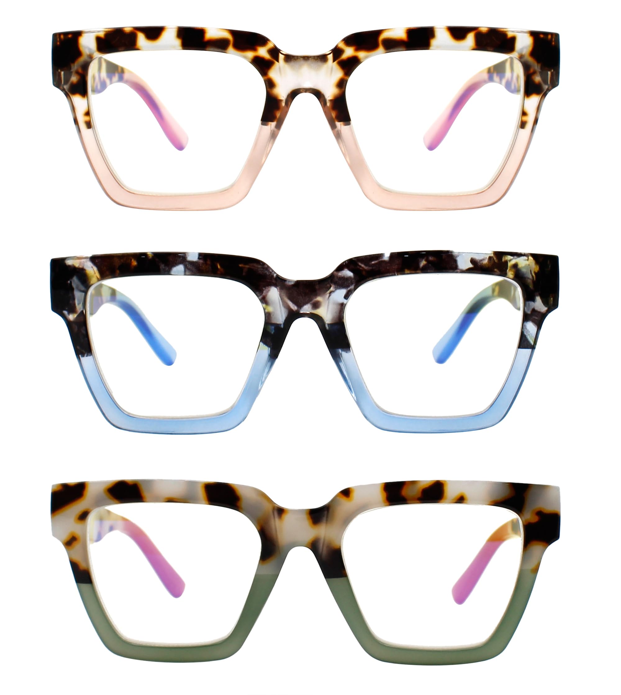 Photo 1 of Yogo Vision Blue Light Blocking Reading Glasses for Women Big Square Oversized Computer Readers (3 Pack) -.00 Transparent Pink, Transparent Blue, Green Pink 1