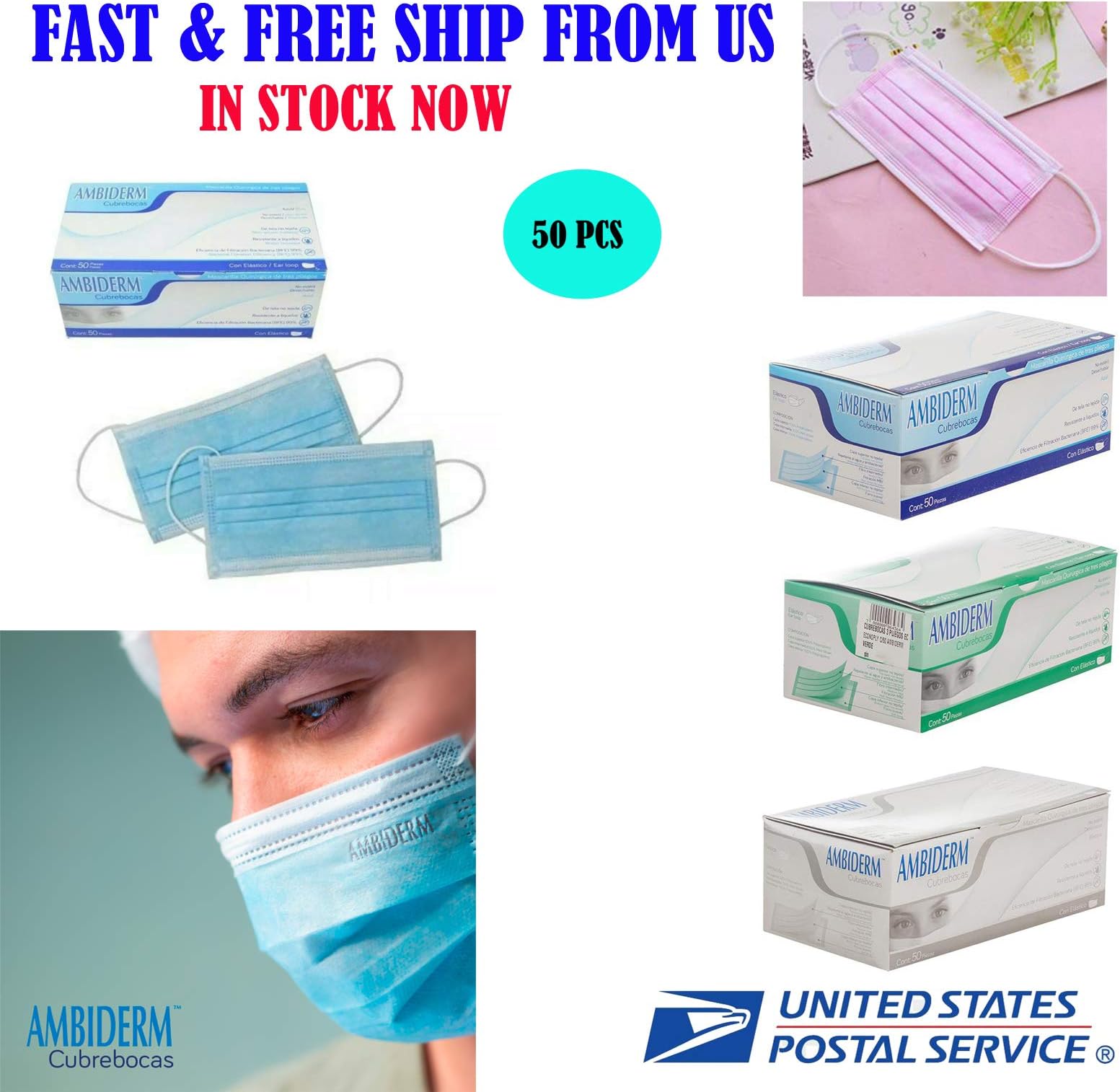 50 PCS Ambiderm Disposable Medical Ear Loop Face Mask (White)