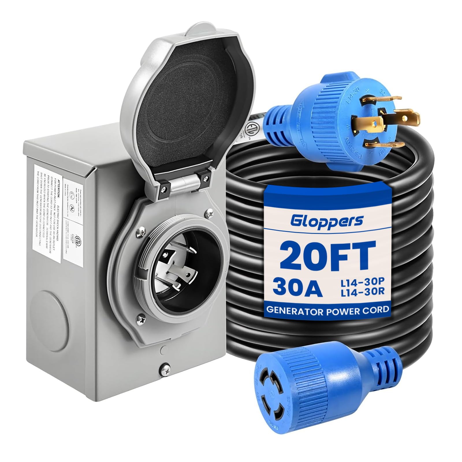 Photo 1 of Gloppers 30 Amp Generator Cord and Power Inlet Box, 20FT Generator Cords 30 Amp,125V/250V Generator Power Cord NEMA L14-30P to L14-30R,Twist Lock Connector