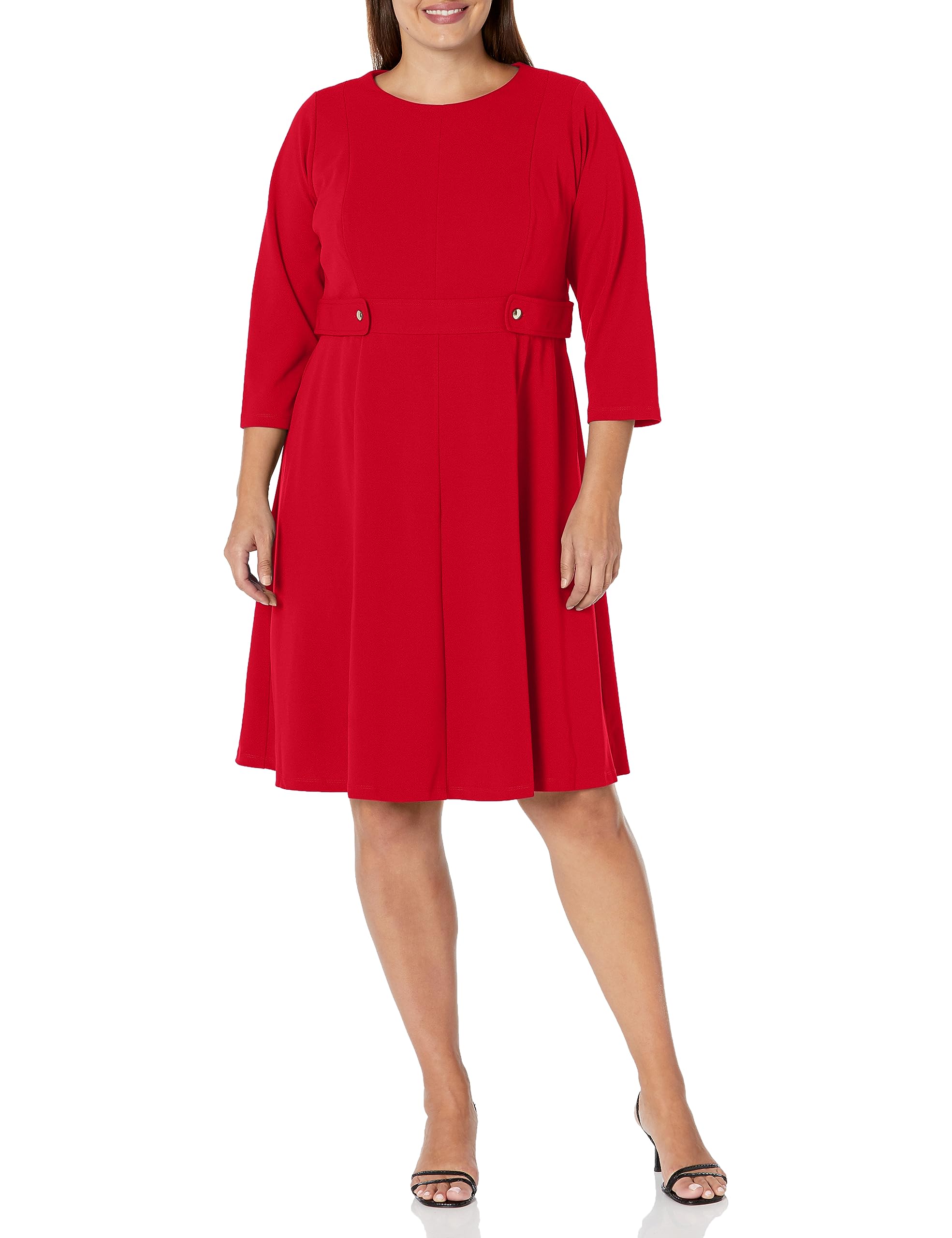 London Times Women’s Plus Size Crepe Fit and Flare Midi with Waist Button Detail Red
