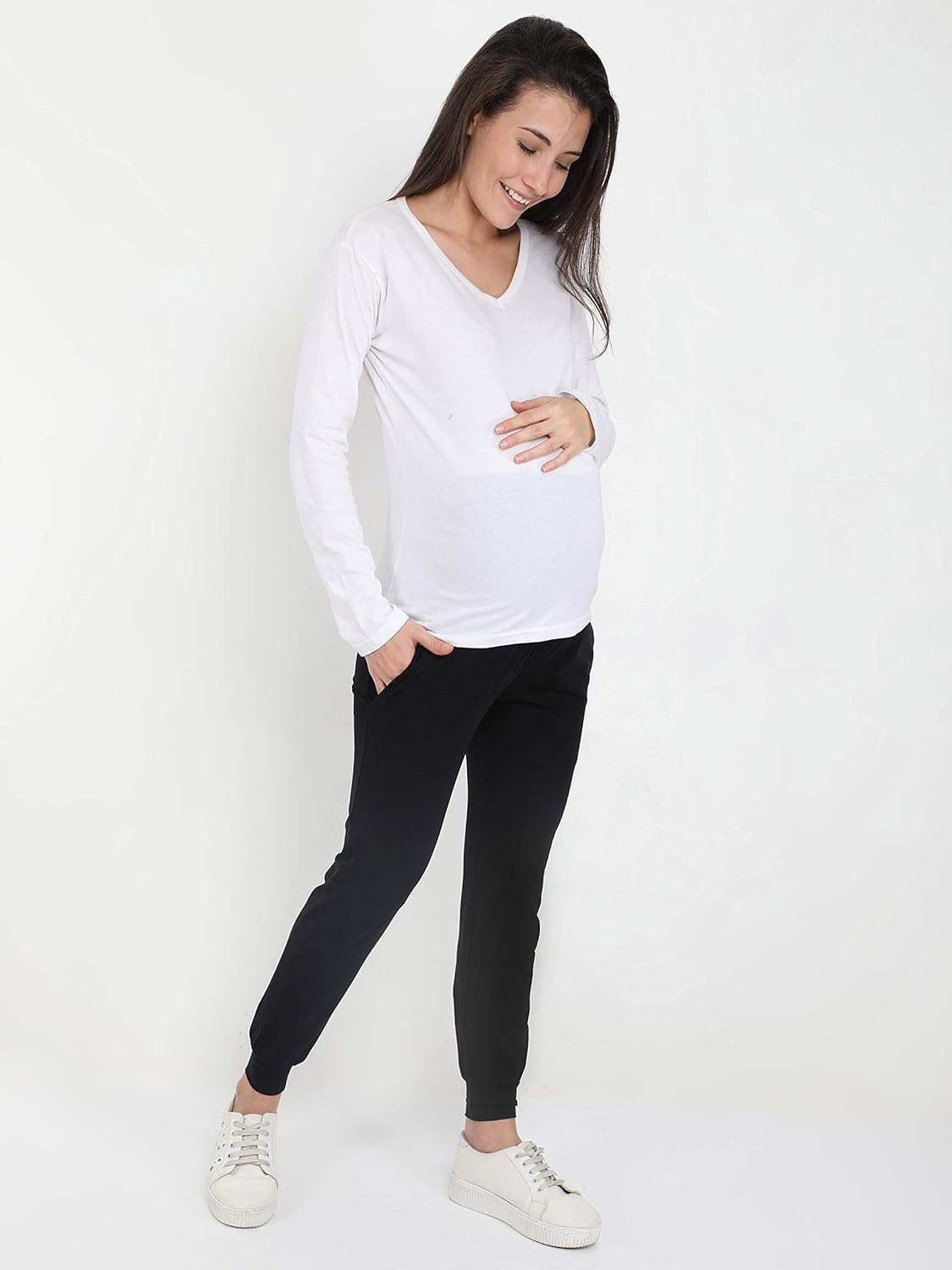 The Mom Store Maternity Joggers with Belly Support Black, Cotton