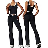 OLCHEE Womens Workout Sets 2 Piece Gym Yoga Outfits Crossover Flare Leggings Crop Tank Top with Contrast Trim