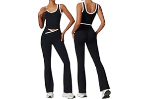 OLCHEE Womens Workout Sets 2 Piece Gym Yoga Outfits Crossover Flare Leggings Crop Tank Top with Contrast Trim