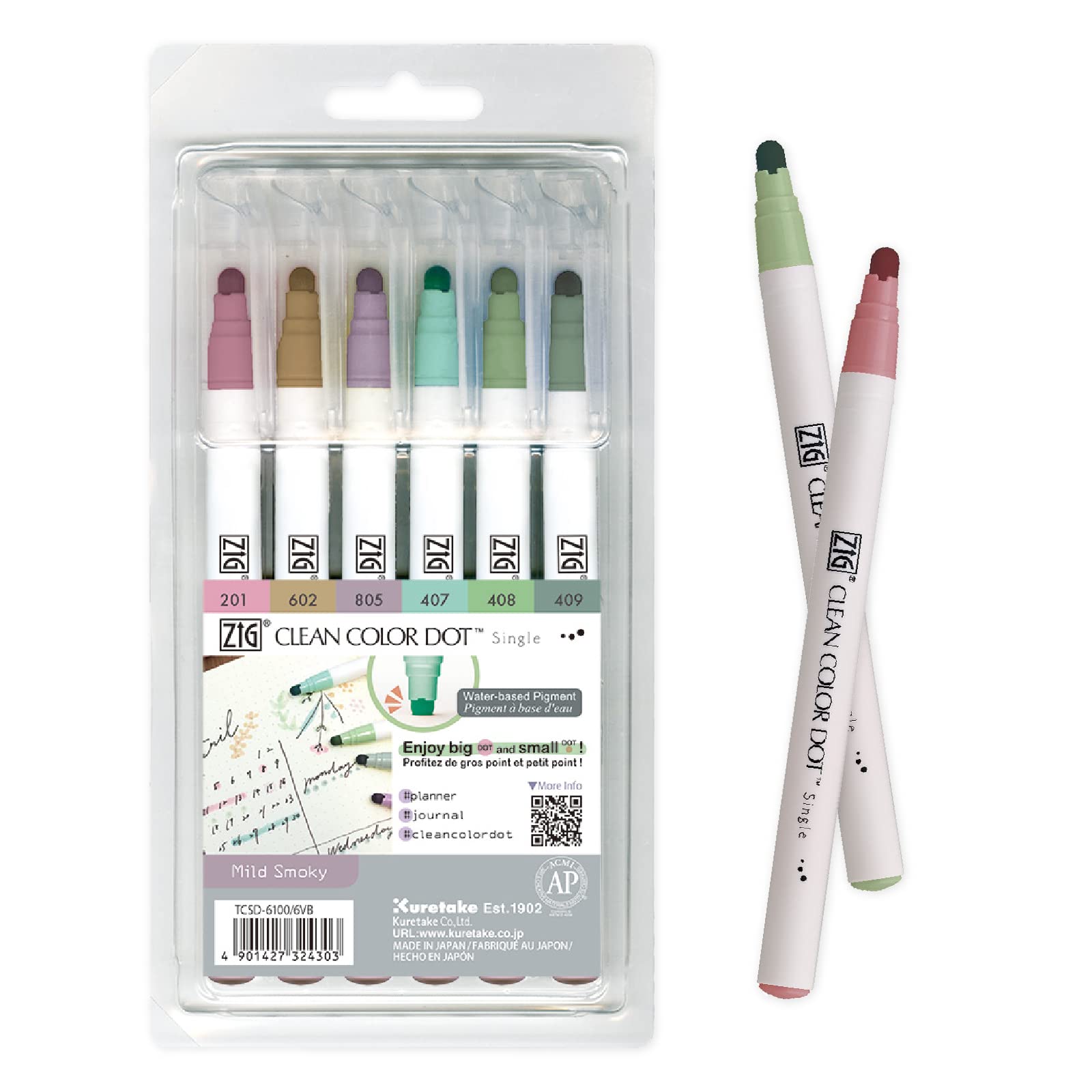 Kuretake CLEAN COLOR DOT Single Mild Smoky 6 colors set, Flexible dot tip marker, for Journals, Crafts, Illustration, Lettering, Planners, for Adult, s, Made in Japan