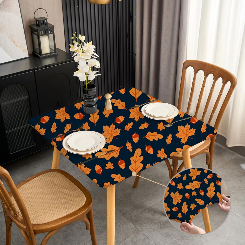Photo 1 of Fall Square Tablecloth 42x42 Inch Fitted Card Table Cloth with Elastic Stretchy Washable Fabric Patio Table Cover Wrinkle Free Non Slip Yellow Maple Leaves