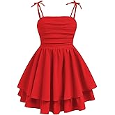 SHENHE Girl's Smocked Ruched A Line Swing Dress Layered Tie Shoulder Flowy Cami Short Dress