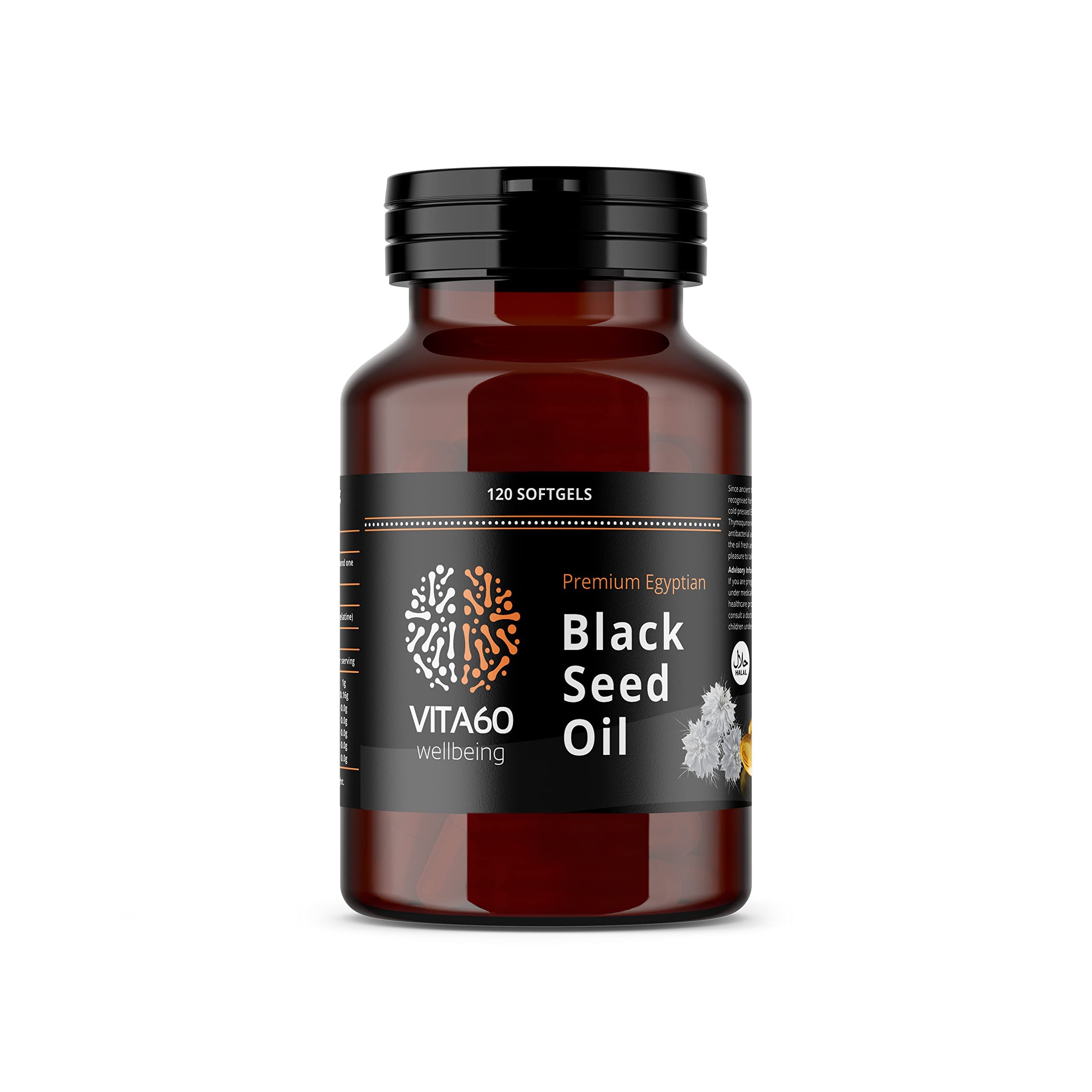 VITA60 Black Seed Oil Capsule - 120 High Strength 500mg Softgel Capsules | Cold Pressed | Nigella Sativa