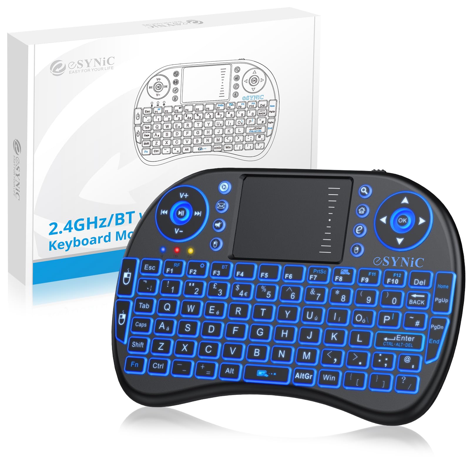 eSynic Upgraded Backlit Keyboard Wireless Bluetooth 2.4GHz Keyboard Touchable Portable with Touchpad Mouse and Built-in Rechargeable Battery For Google Smart TV Android Box Windows Laptop