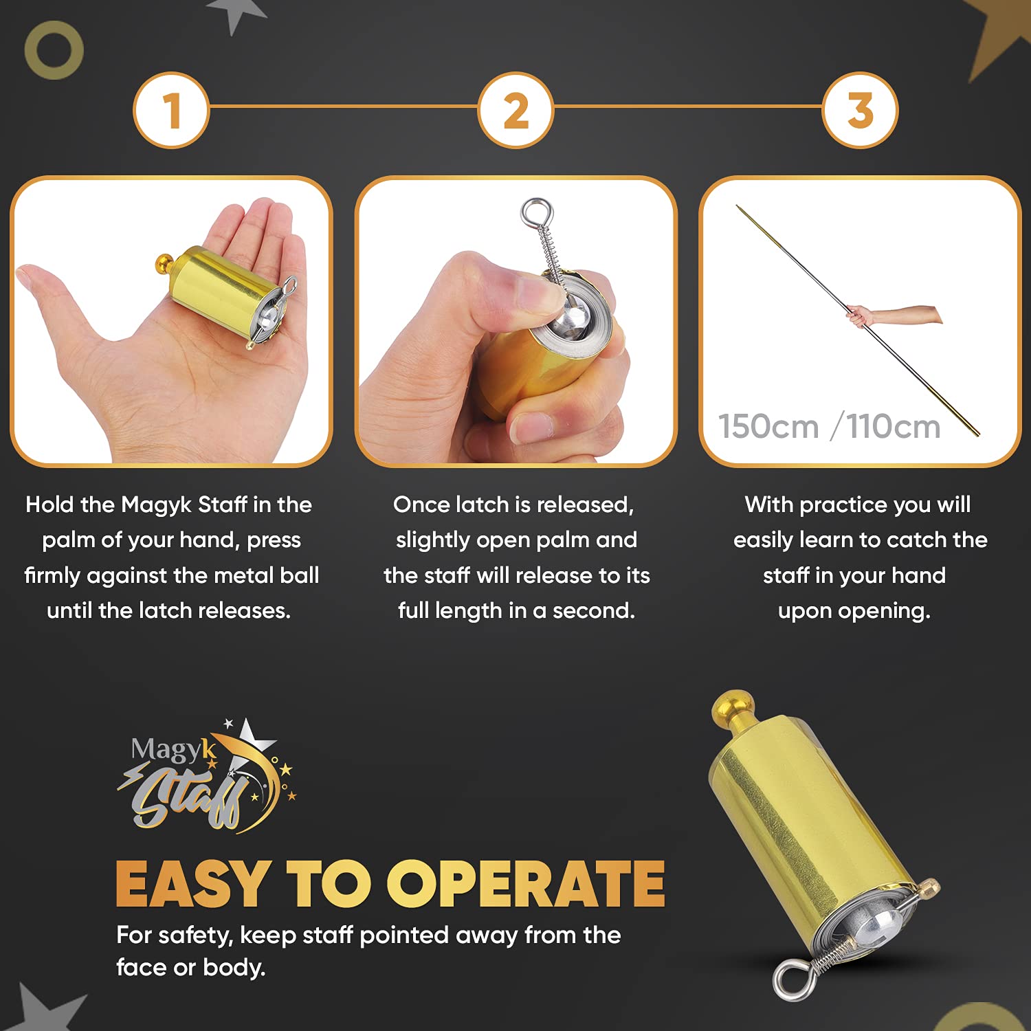 Pocket Staff Magic Telescopic Stick | Elevated Staff Stick w/Velvet Carry Bag I Collapsible bo Retractable Expandable Bow Extendable Portable Expanding Metal Cane Pop Out Wands (150cm, Silver,Gold)