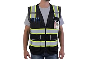 Neopelta Reflective Safety Vest Black Mesh, High Visibility Vest with Pockets and Zipper, Padded Neck, Black with Yellow Trim M