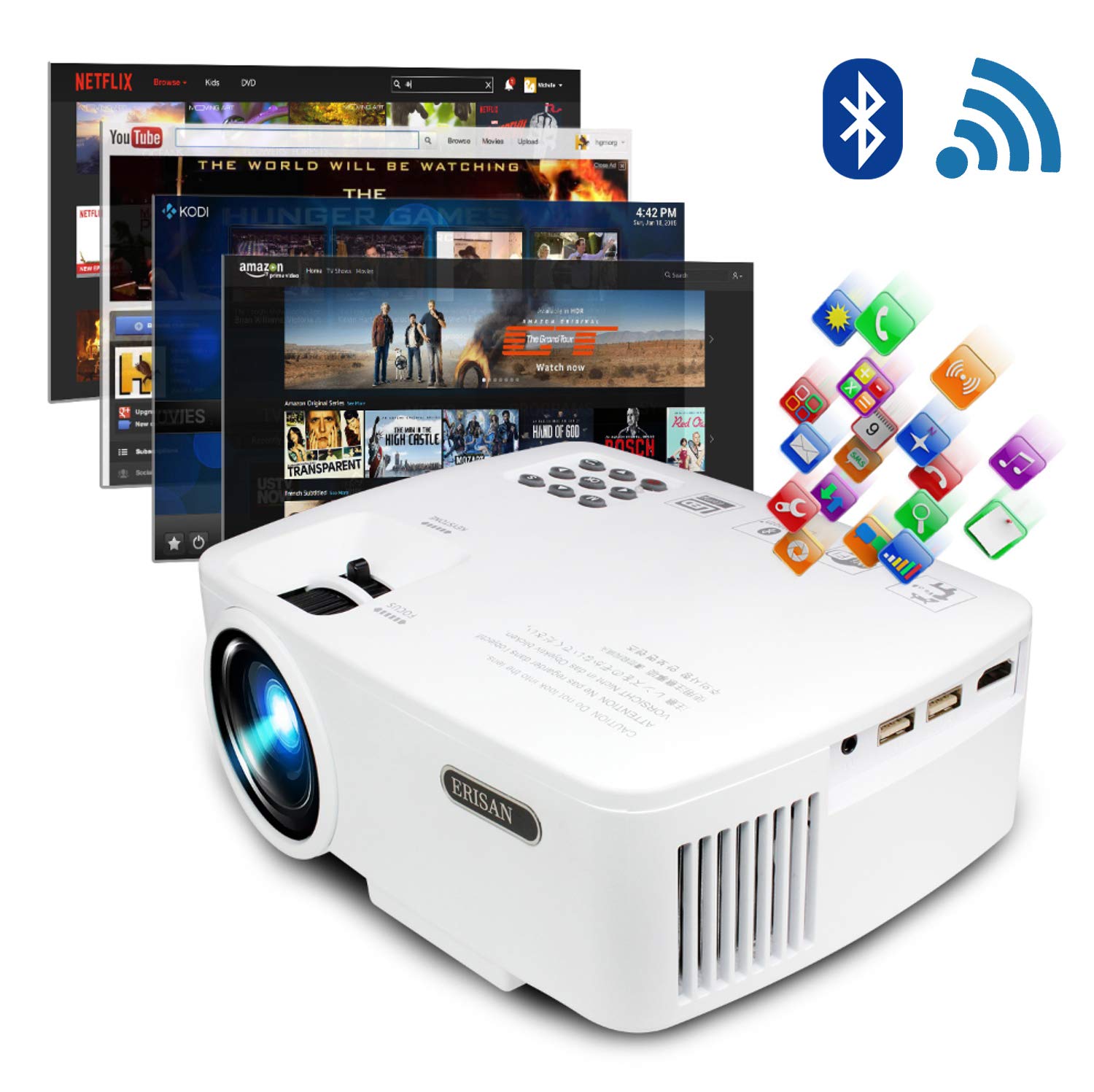 ERISAN Projector Video Home TV Theater, LED Android 6.0 WiFi Bluetooth, 220  ANSI Lumen, Support 1080P Full HD, iOS Compatiable, 2018 Updated Quieter  Fan, ...