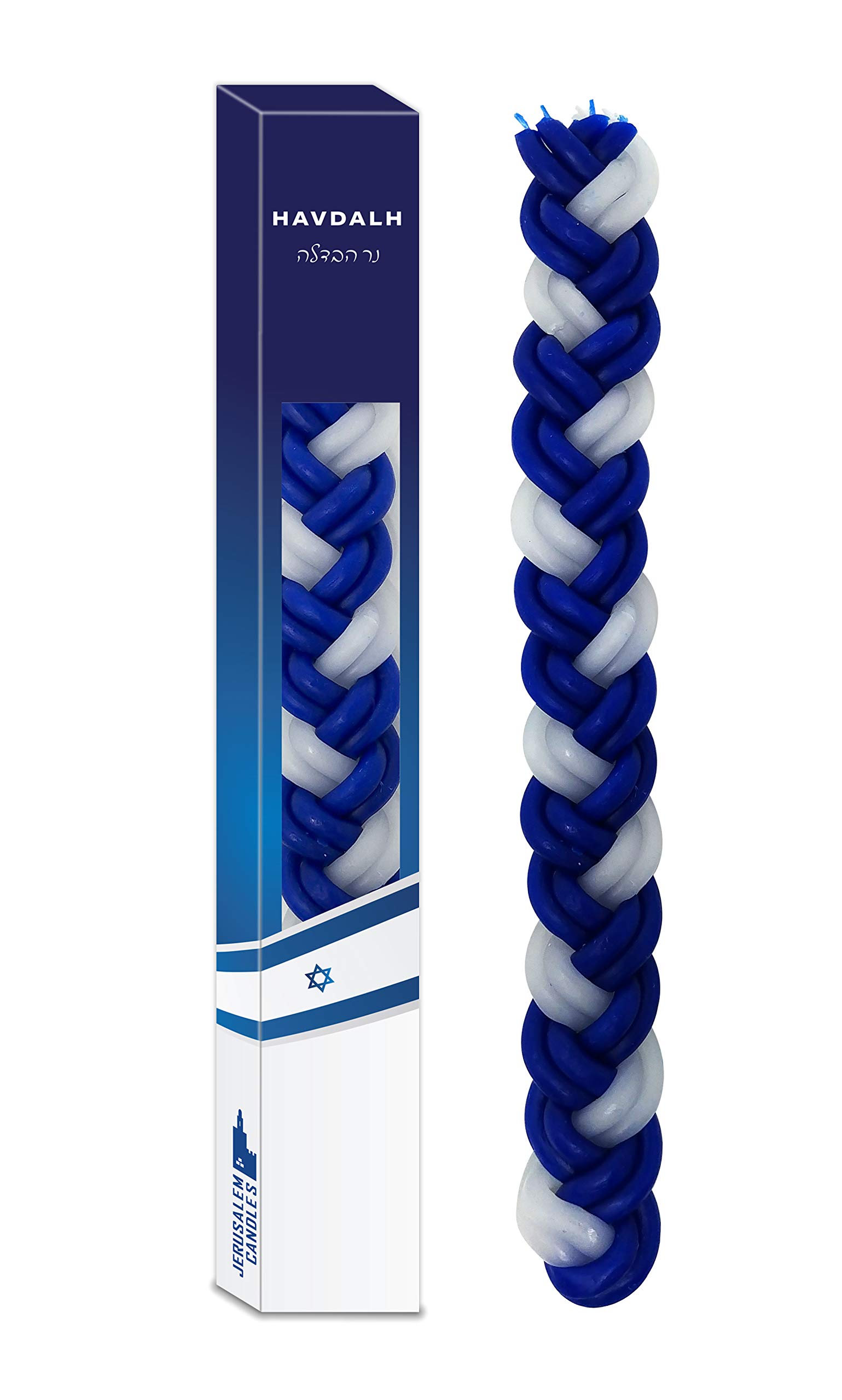 Havdalah Candle Braided Blue and White Round, 1-Pack - Jerusalem