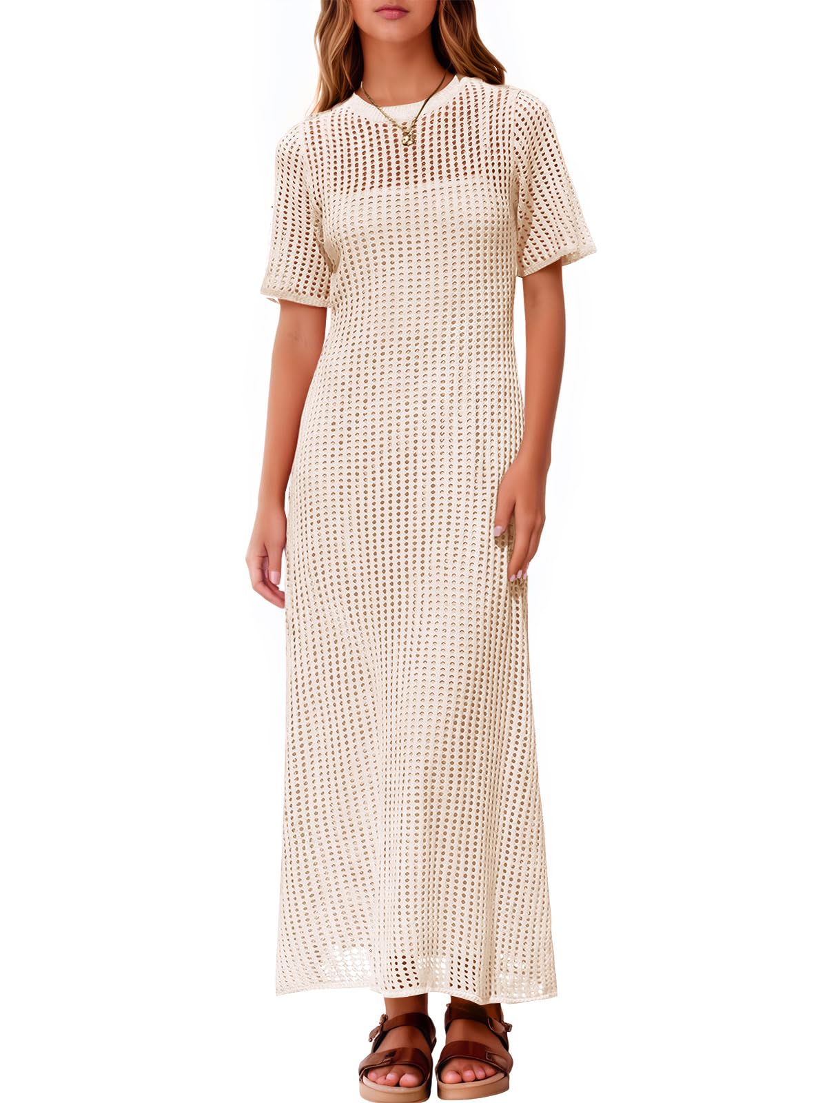 Photo 1 of *** SIZE MEDIUM***Fisoew Womens Crochet Swimsuit Cover Up Summer Vacation Resort Bathing Suit Swimwear Casual Short Sleeve Maxi Beach Dresses Beige *** SIZE MEDIUM***