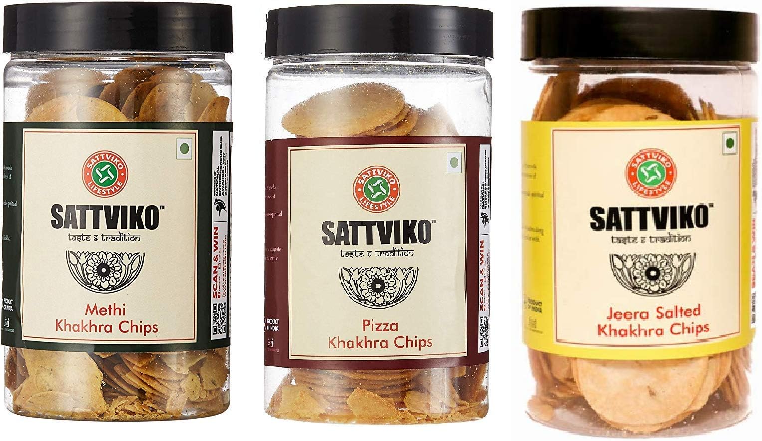 Sattviko 1 Jar each of Pizza, Jeera and Methi Khakra Chips Jar,150g (3 Pack)