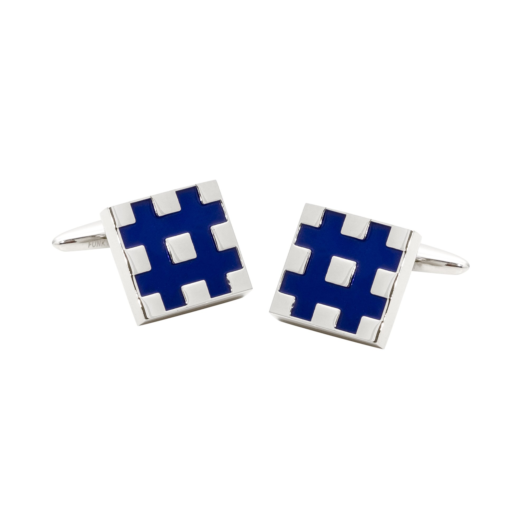 Solid Rhodium Cufflinks with a Blue Hashtag Design