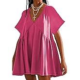 Freyhem Womens Summer Mini Dress Casual Short Sleeve Loose V Neck Swing Sundress with Pocket