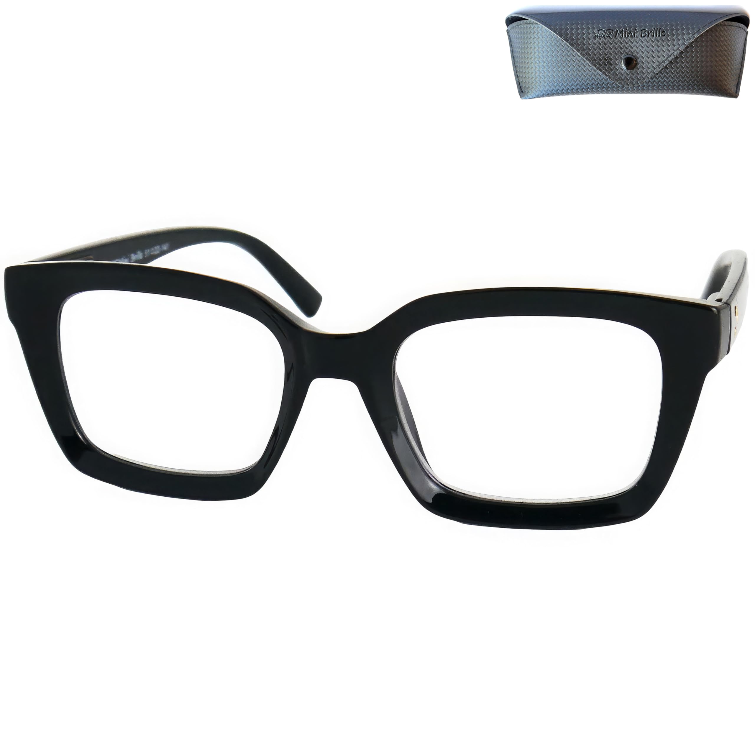 Mini Brille - Stylish Square Thick Frame Reading Glasses with Large Lenses, FREE Case, Oversize Plastic Frame (Black), Women Reading Aid + 2.00 Magnification