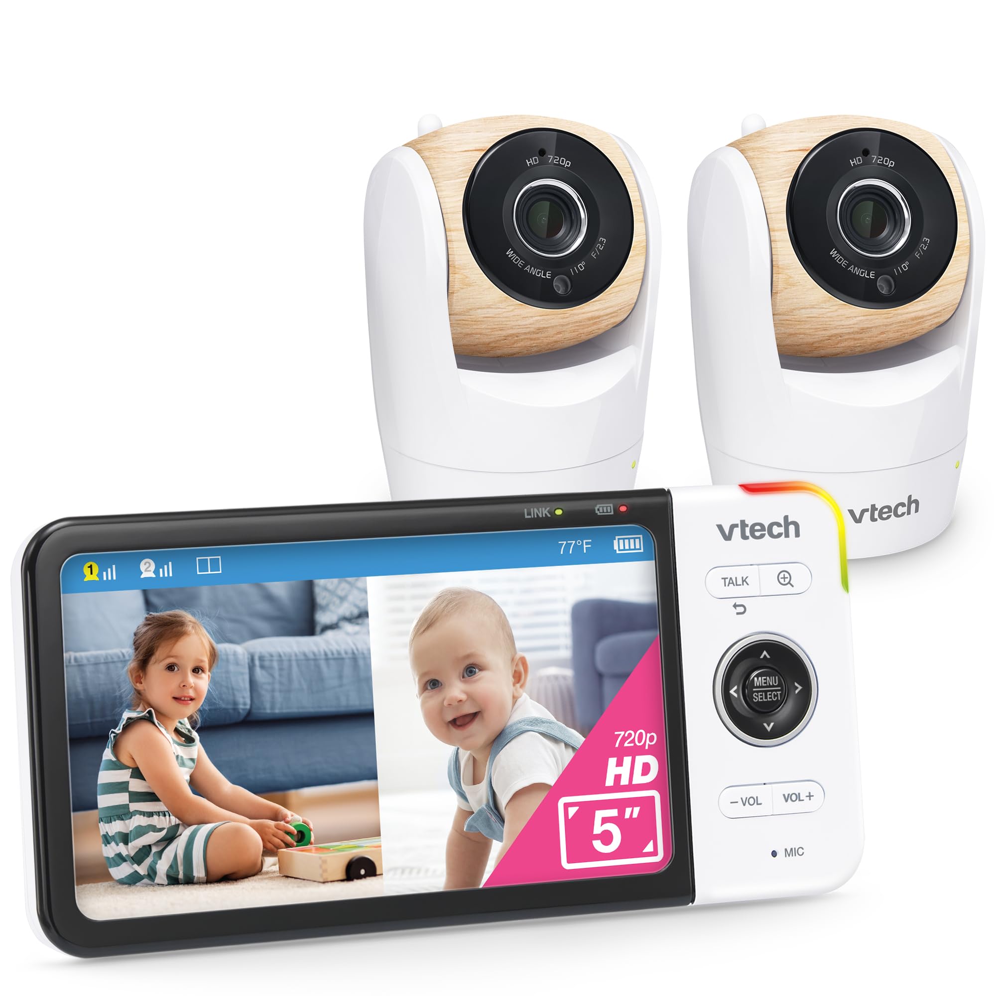 Photo 1 of VTech VM928-2HD 5” 720p HD Display 2 Cameras Baby Monitor,110 Wide Angle View,Remote Pan-Tilt-Zoom,Night Vision,Up to 1000ft Range,Temperature Sensor,9 Soothing Sounds & Lullabies,2-Way Talk,No WiFi
