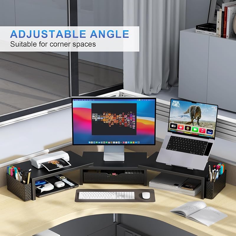 Suporte duplo para elevadores para monitores, organizador de secretária com gaveta e 2 suportes para canetas, suporte para monitor de computador, prateleira para secretária