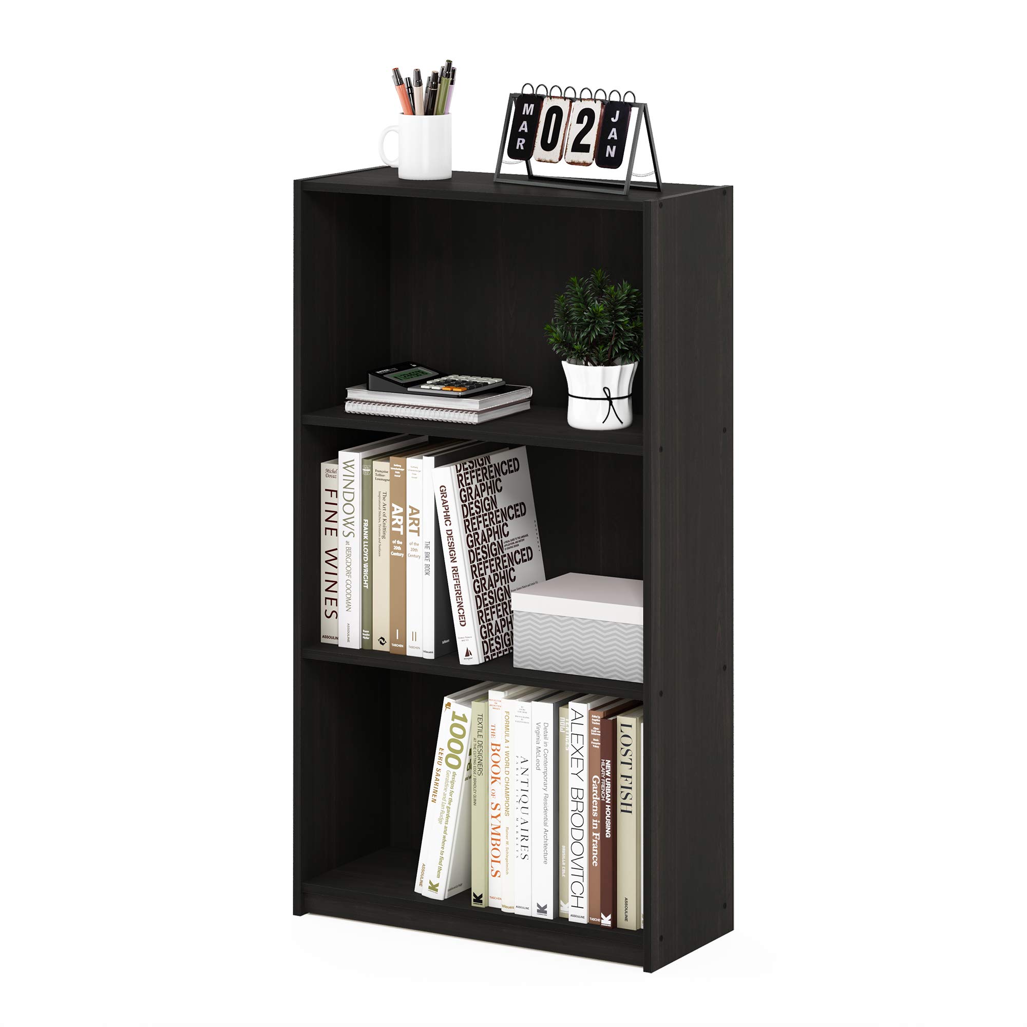 Furinno BASIC Book Shelf, 3-Tier Modern Bookshelf, Bookcase with Open Shelves, 9.3 x 21.8 x 39.5, for Living Room, Bedroom, Home Office, Espresso