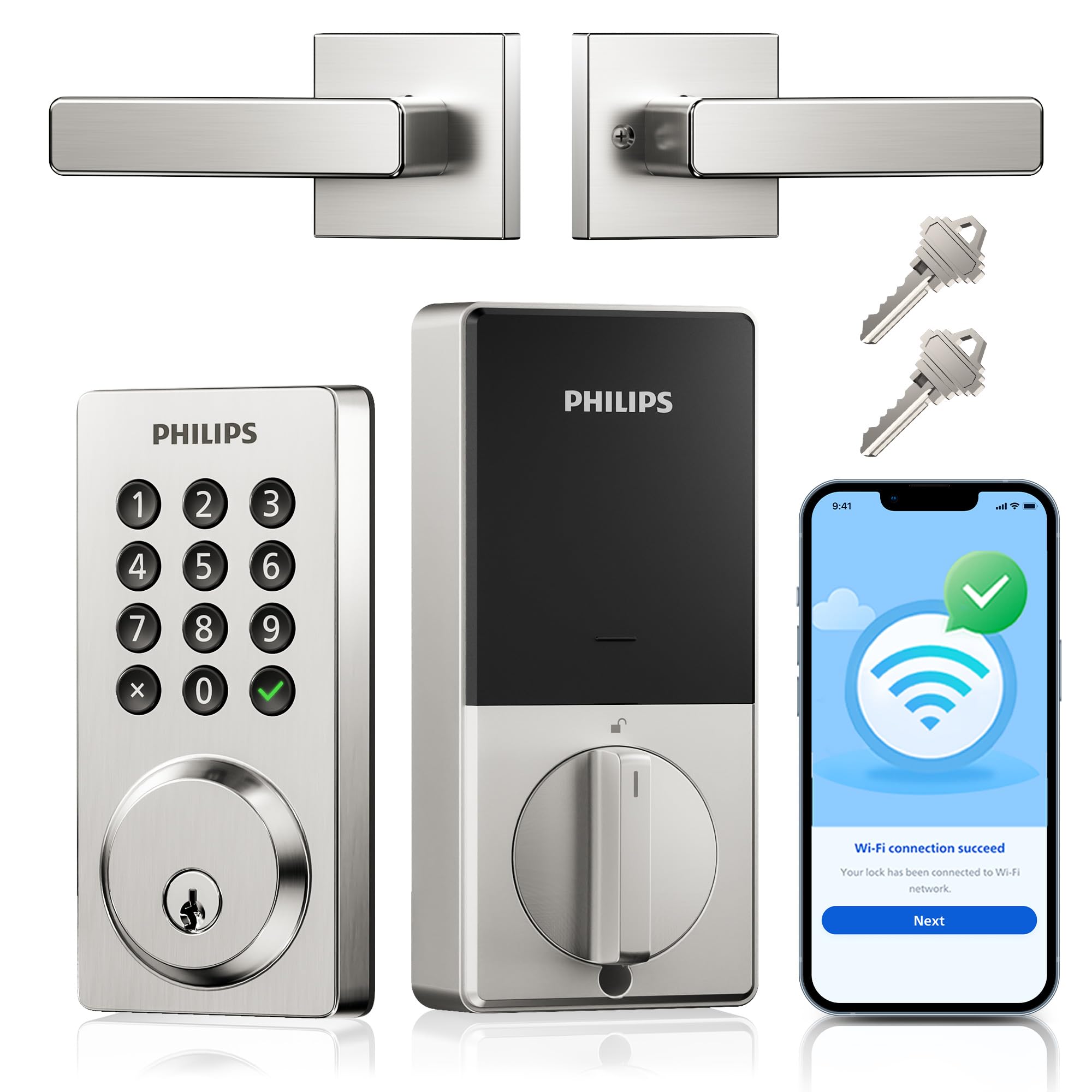 Photo 1 of Philips WiFi Smart Door Lock with Handle, Built-in WiFi App Remote Control, Keyless Entry Door Locks for Front Door, Smart Deadbolt Auto Lock, Support Alexa & Google, IP54 Waterproof, Satin Nickel