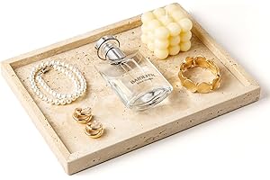 WORHE Vanity Tray Italy Travertine Stone for Jewelry, Perfume, Makeup, Candle Large Natural Marble Decorative Trays for Bathroom Dresser Rectangle Kitchen Storage Organizer for Home Decor Beige(WH021)