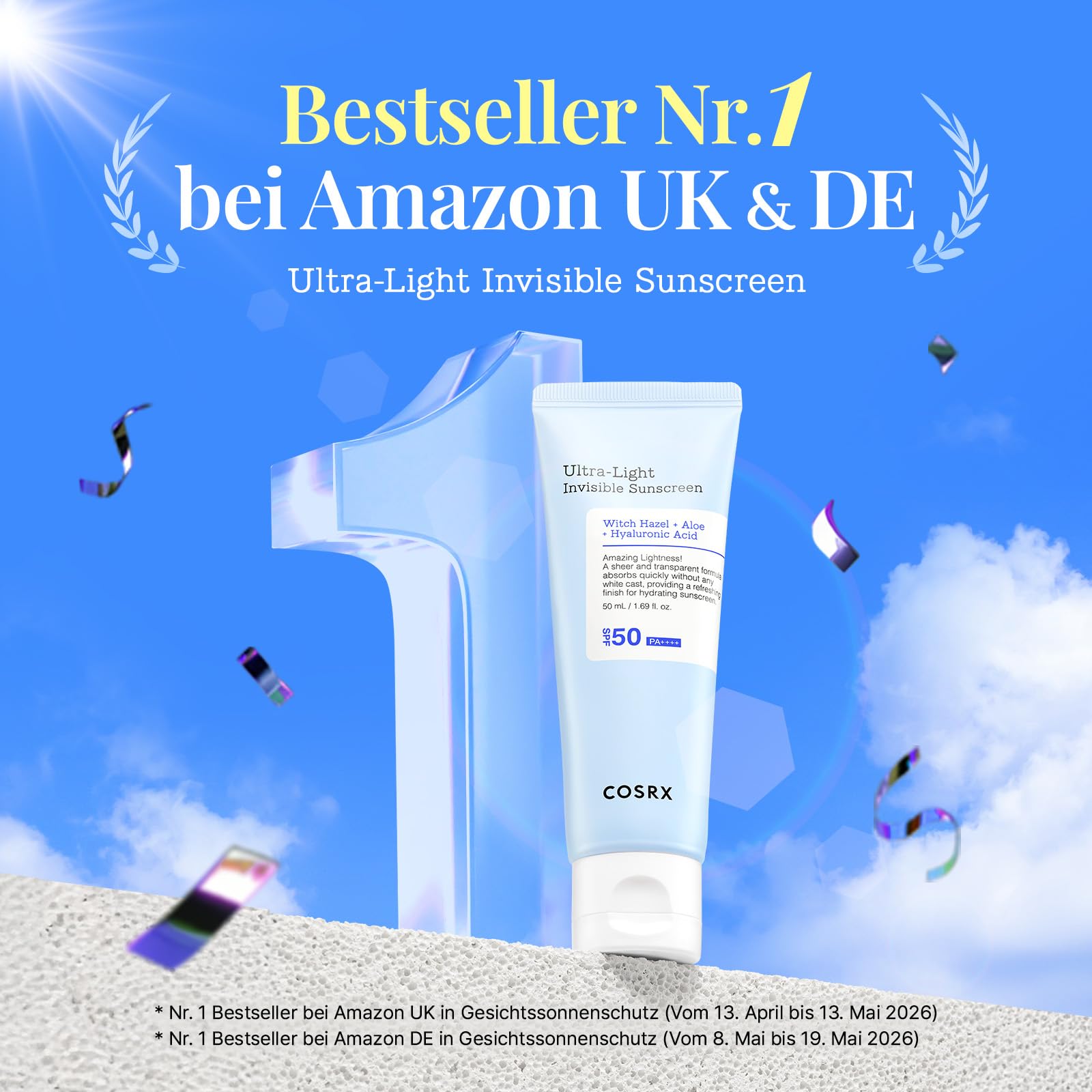 COSRX Ultra-Leichte Unsichtbare Sonnencreme LSF 50 Transparenter Sonnenschutz mit Hyaluronsäure, Kein Weißer Schleier, Nicht fettend, Starker UV-Schutz, Sonnenpflege, Koreanische Sunscreen 50 ml 2