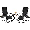 Yaheetech 3PCS Zero Gravity Recliner Portable Outdoor Reclining Chair Set w/Side Table Folding Chaise Lounge Chairs for Patio Beach Deck Garden Pool Black