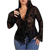 WDIRARA Women's Plus Size Floral Lace Sheer T Shirt Tie Front Long Bell Sleeve Tee Going Out Tops