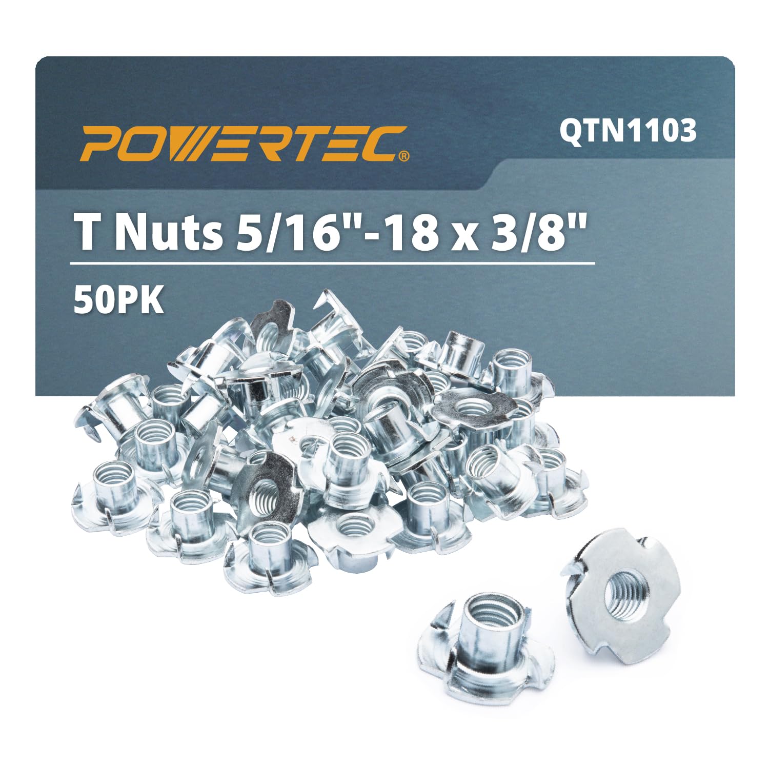 POWERTEC QTN1103 4 T 50 Pack | Pronged Tee Nuts 5/16 Inch-18 & 3/8-Inch – Threaded Inserts for Climbing Holds and Wood Working, 5/16"-18 x 3/8", 50PK