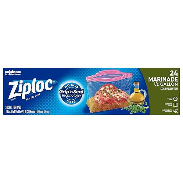 ZIPLOC HALF GALLON MARINADE FOOD STORAGE BAGS FOR MEAL PREP, GRIP ‘N SEAL TECHNOLOGY FOR EASIER GRIP, OPEN, AND CLOSE, 24 COUNT