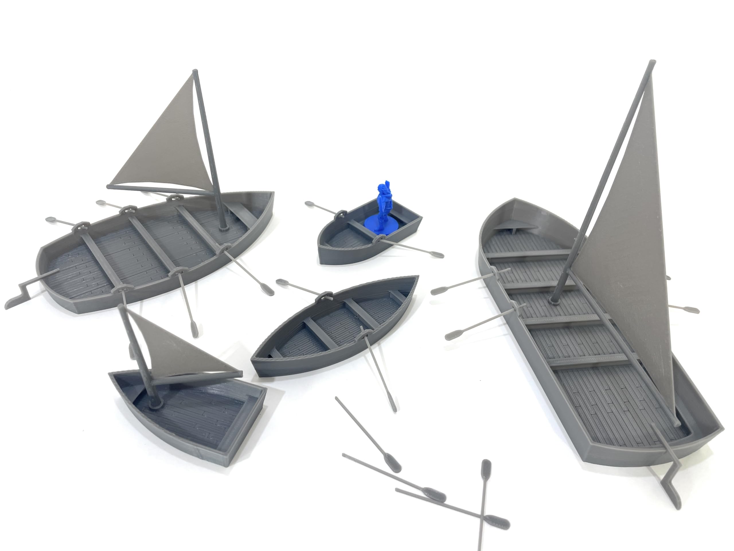 LM3D Set of 5 Miniature Boats, Fantasy Scenery, Scale 28mm-32mm, Compatible with Warhammer and D&D, Grey