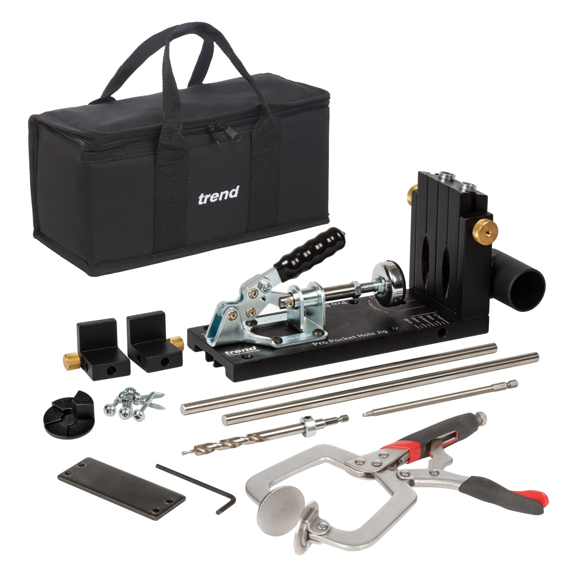 Trend Pocket Hole Jig Kit with Dual Column Jig, Face Clamp, HSS Drill Bit & Depth Setting Collar, 2 Square Bit Drives & 100 Pocket Hole Screws, PH/JIG