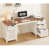 62" Farmhouse Computer Desk with Drawers &amp; Storage Cabinet for Home Office | Fluted Executive Desk with Power Outlets, Home Office Desks with 4 Drawers for Study, Bedroom, Living Room, Brown and White