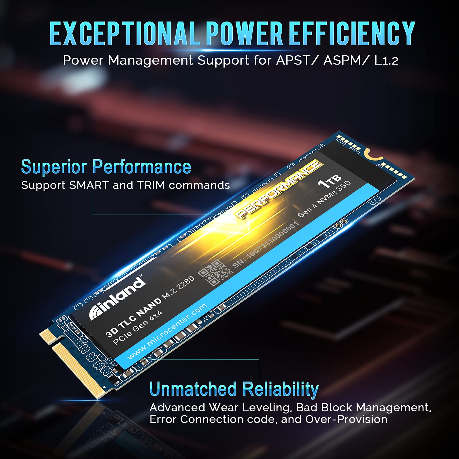 INLAND Performance SSD 1TB PCIe 4.0 M.2 Internal Solid-State Drive NVMe Gen4 x 4 with DRAM Up to 5,000 MB/s, 1,800 TBW 3D TLC NAND
