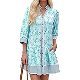 Wenrine Women's Floral Boho Mini Dress 3/4 Long Sleeve V Neck Casual Button Down Shirt Dresses