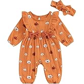 Ayalinggo Baby Girls Halloween Clothes Long Sleeve Pumpkin Print Ruffle Jumpsuit with Headband