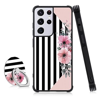 Buy Samsung Galaxy S21 Ultra 5g Case Pink Flower Floral Stripes Design With Ring Holder Kickstand Protective Shockproof Slim Tpu Phone Bumper Cover Finger Stand For Women Girls For S21 Ultra 5g
