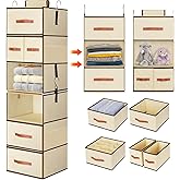 Hanging Closet Organizer 6-Shelf, Upgrade Hanging Shelves for Closet with 5 Removable Drawers & Side Pockets, Hanging Shelf Organizer for Bedroom or Garment Rack, 12.6'' x 12.6'' x 44.1'', Beige