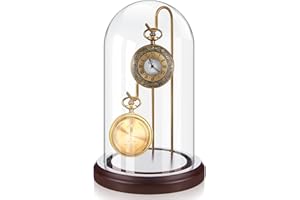 Beeveer 4 x 7 Inch Pocket Watch Glass Display Dome Cloche with 2 Hooks Clear Pocket Watch Display Case Stand Glass Cloche Showcase with Wooden Base for Ornaments Medals Photos Collectibles