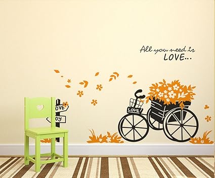 Decals Design Floral Bicycle Quote All You Need is Love in Garden Wall Sticker (PVC Vinyl, 70 cm x 50 cm)