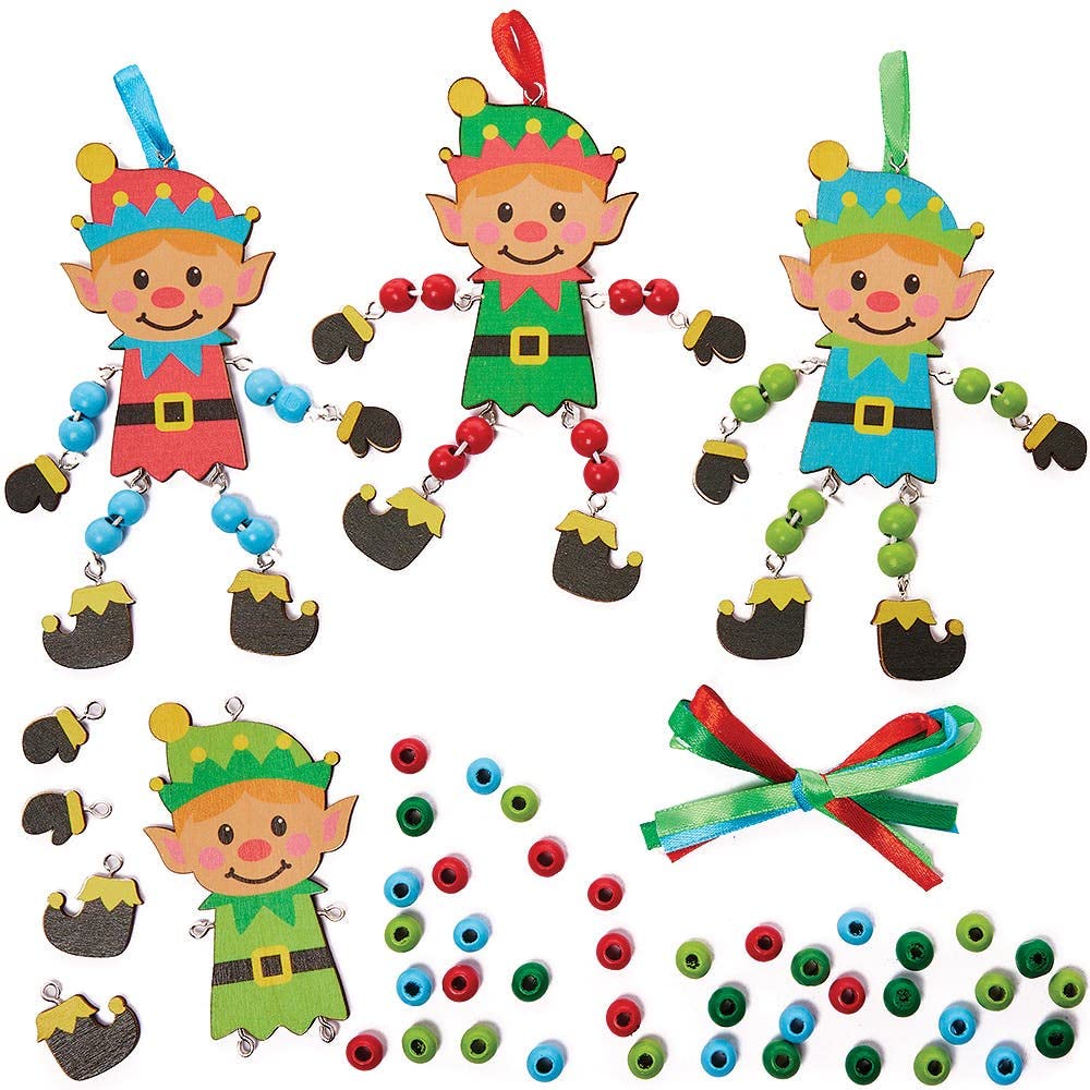 Baker Ross FX287 Christmas Elf Wooden Bead Decorations - Pack of 4, Wood Craft Decorations for Kids Christmas Party, Arts and Crafts for Kids