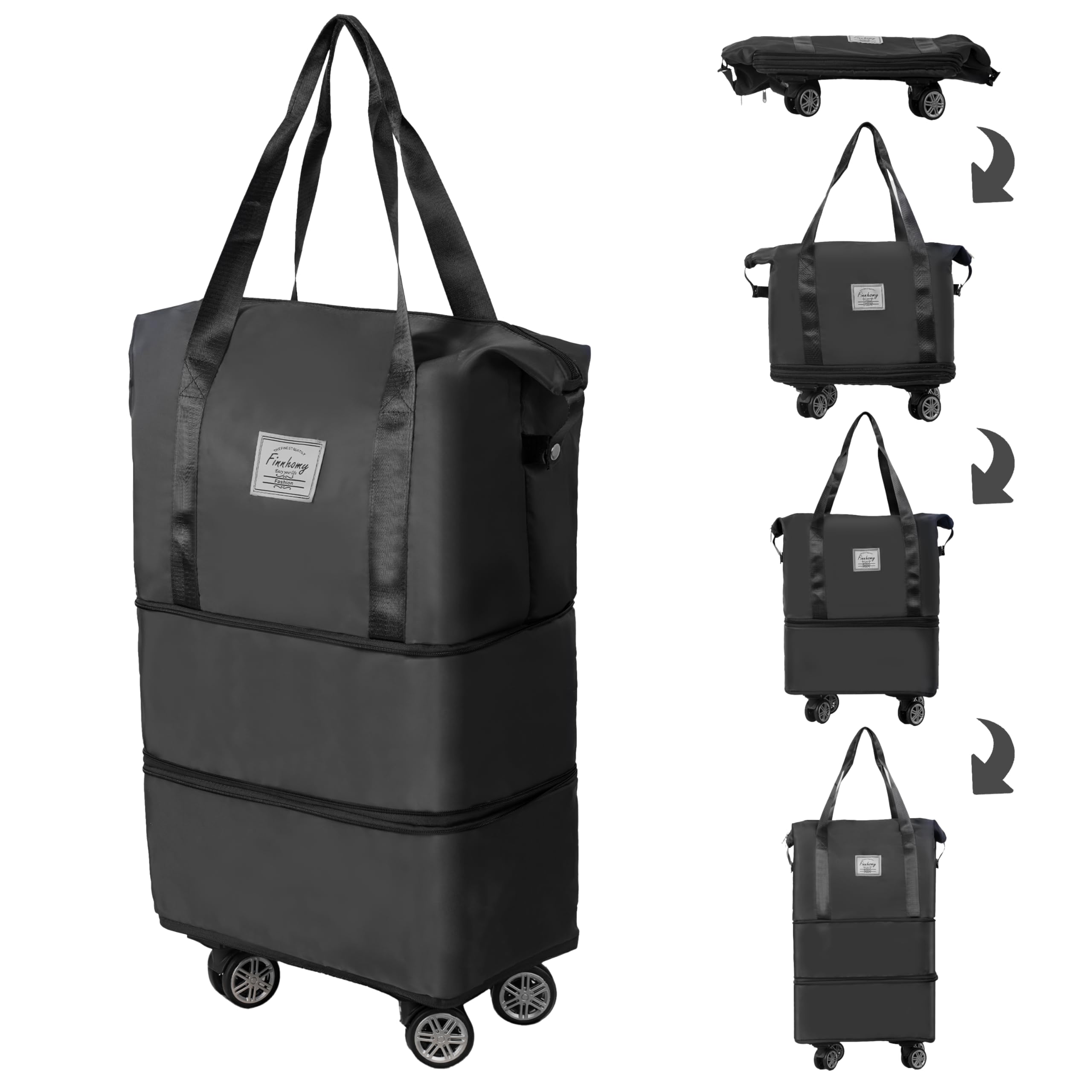 Photo 1 of Finnhomy 50L Expandable Rolling Duffel Bag with Wheels Foldable Duffel Bag for Travel Carry on Bag with Wheels Luggage Travel bag Detachable Wheel Duffel Bag for Shopping Travel Outdoor, Black
