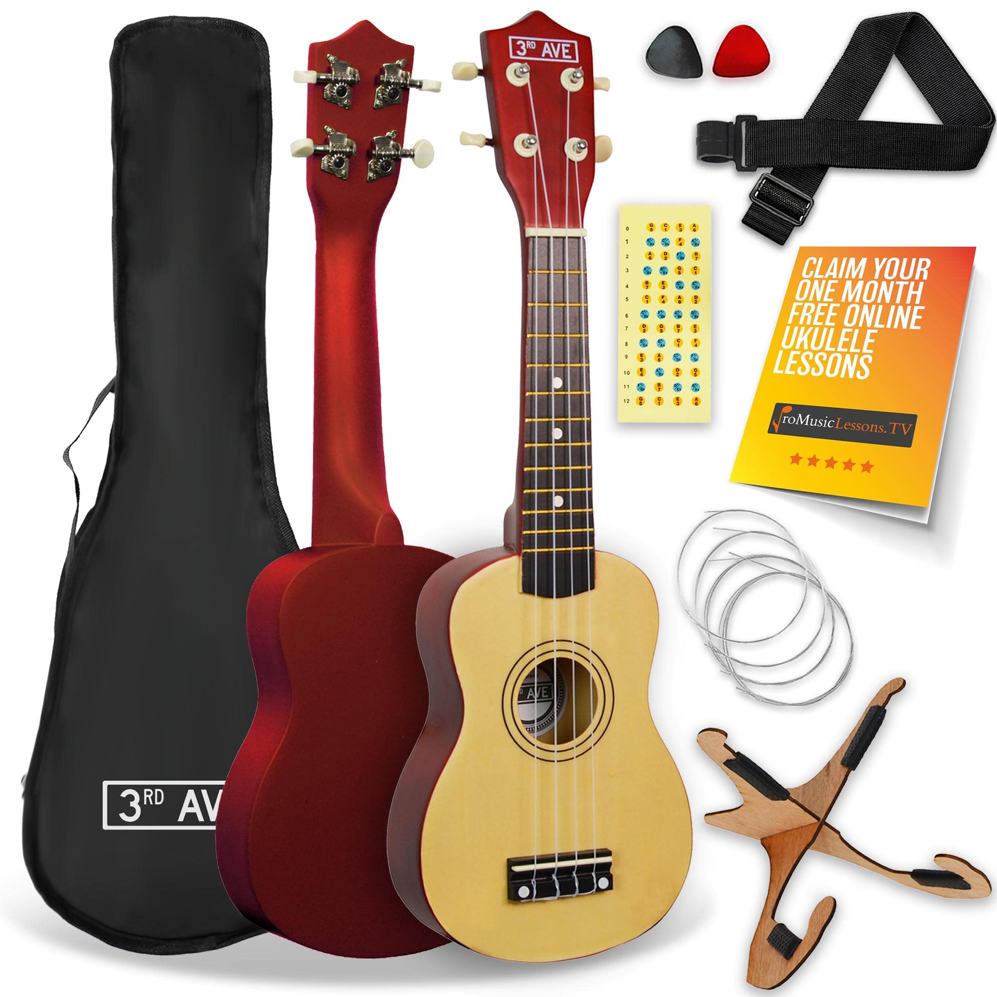 3rd Avenue Soprano Ukulele 21 Inch Beginner Pack Bundle – Bag, Stand, Strap, Strings, Picks and Fret Stickers – Natural with FREE 1 Month Online Lessons