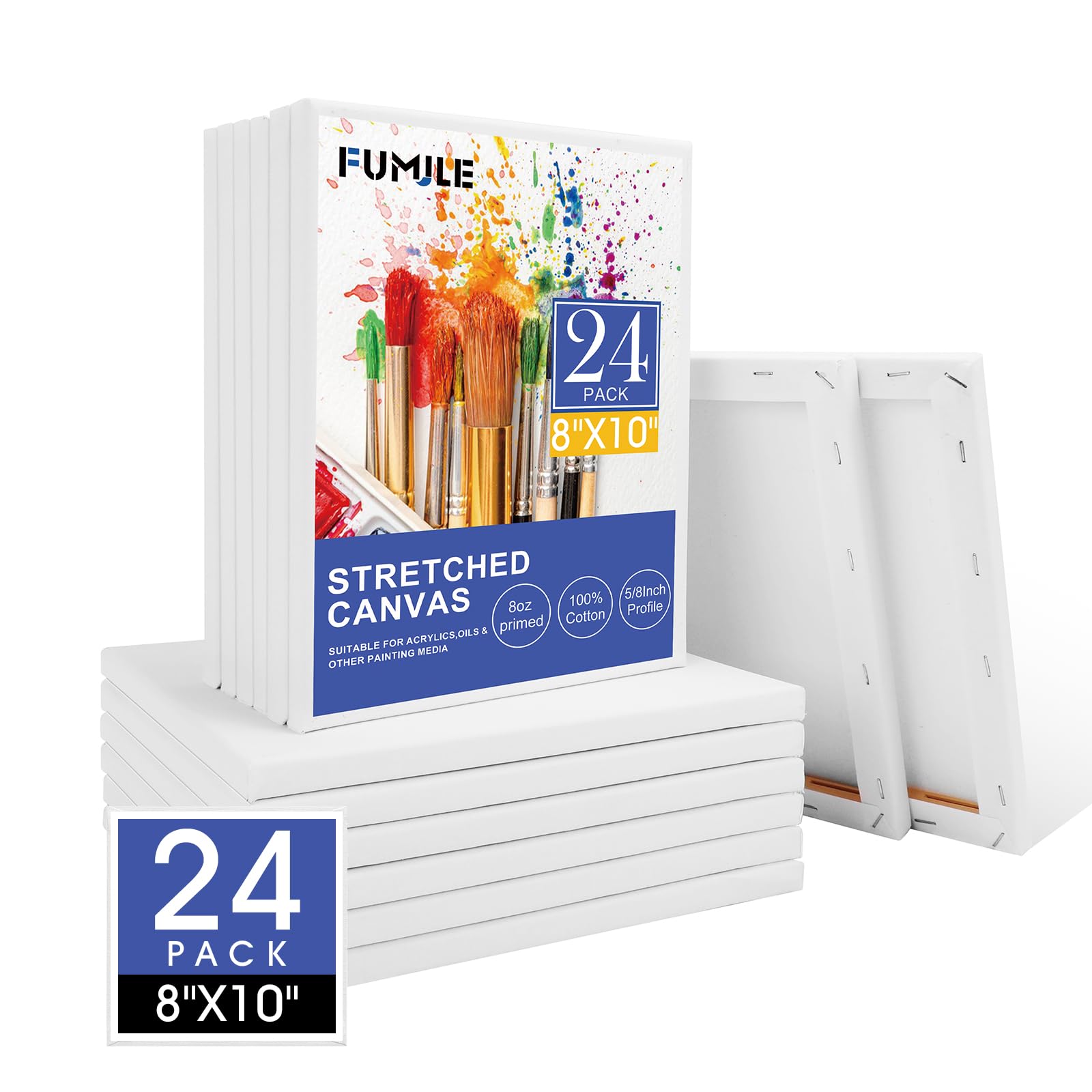 FUMILE Stretched Canvas for Painting, 24 Pack 8x10 Inch Canvases for Painting-5/8 in Profile Primed White Blank Painting Canvas Value Pack for Oil & Acrylic Paint