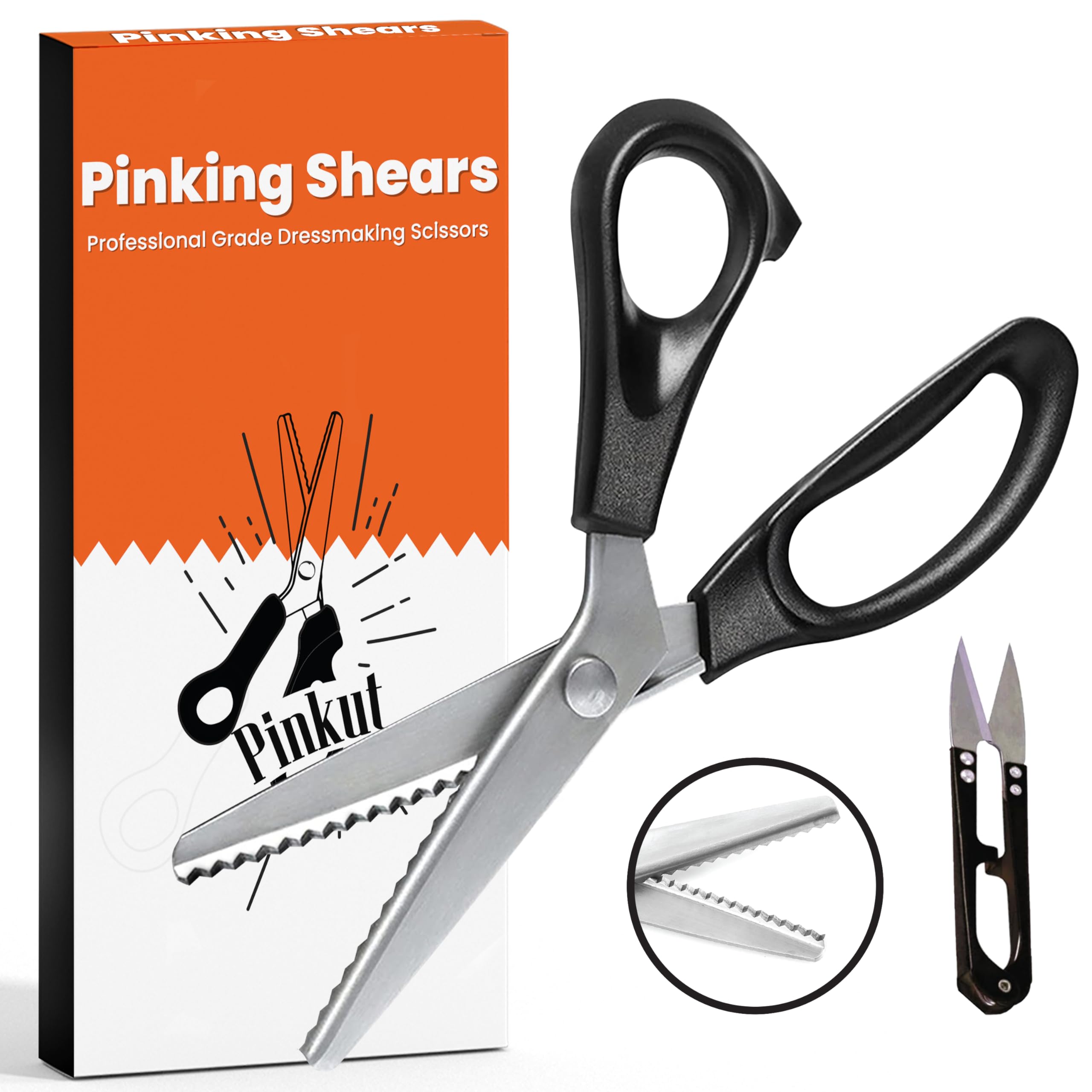 Pinkut Pinking Shears for Fabric Cutting with Comfortable Handles - Serrated Scissors - Sharp Stainless Steel - 9 inch Zig Zag Scissors for Dressmaking, Sewing, Paper & Crafting with Thread Cutter