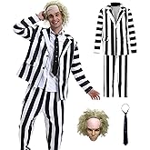 Vezadina Men's Black & White Striped Halloween Costume Set – Jacket, Pants & Tie – Classic Movie-Inspired Cosplay Outfit